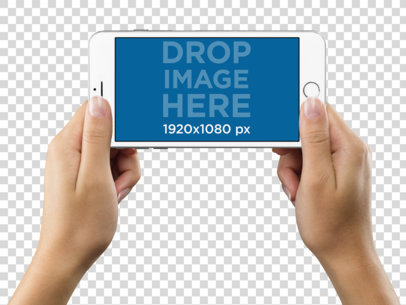 iPhone 6 Plus Mockup Held in Landscape Position Over a Transparent Background by a Woman