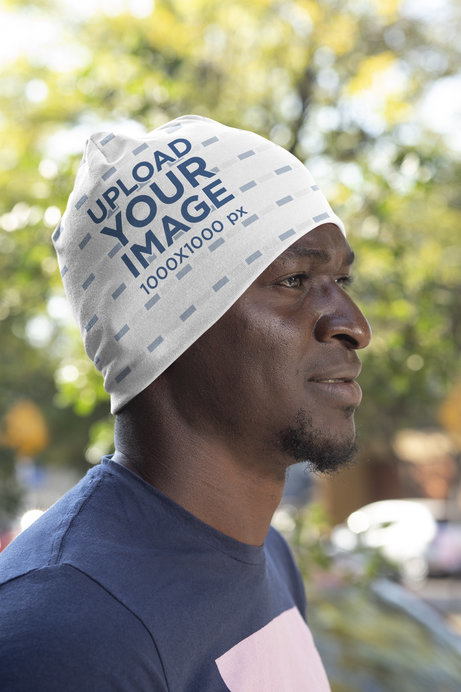 Beanie Mockup Featuring a Man with a Goatee Beard