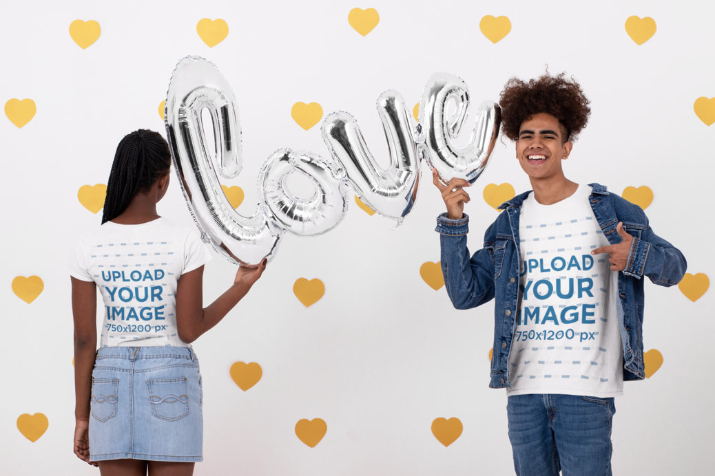 Back and Front T-Shirt Mockup Featuring a Young Couple at a Romantic Scenario 