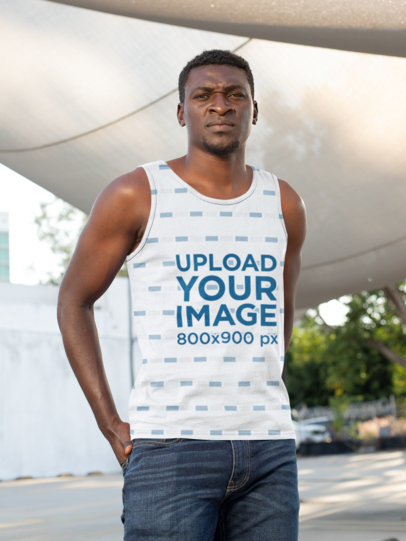 Mockup of a Serious-Looking Man Wearing a Sublimated Tank Top