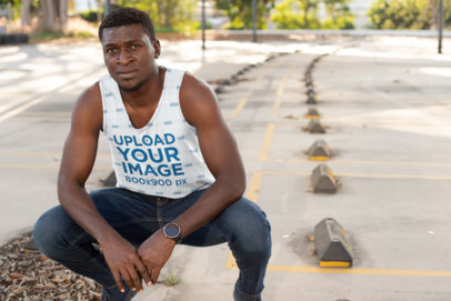 Sublimated Sleeveless Shirt Mockup Featuring a Man on the Street 
