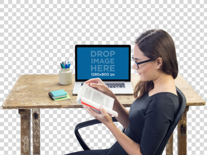 Macbook Pro Mockup Over a Wooden Desk Featuring a Woman Reading