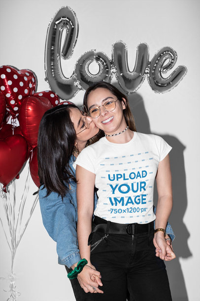 T-Shirt Mockup of a Woman Kissing Her Girlfriend
