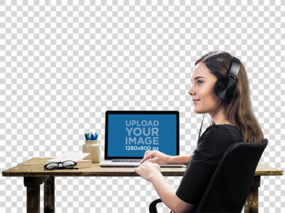 MacBook Pro Mockup of a Woman Listening to Music at Her Desk 