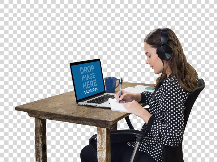 Woman with Headphones Working on Her MacBook Pro Mockup