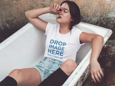 T-Shirt Mockup of a Girl Smoking in a Bathtub a11670