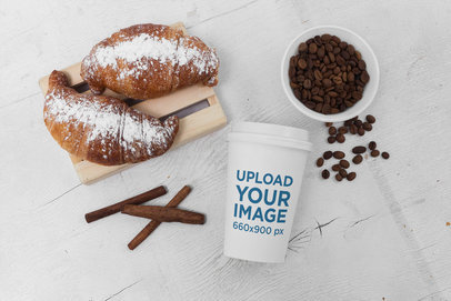 Coffee Cup Mockup Featuring Pastries and Coffee Beans