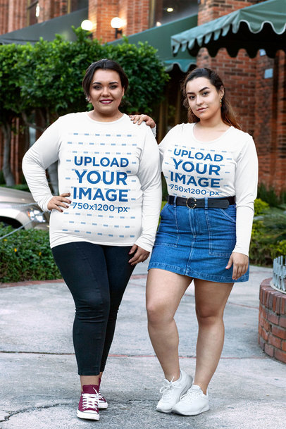 Plus Size Long Sleeve Tee Mockup Featuring Two Women 31085