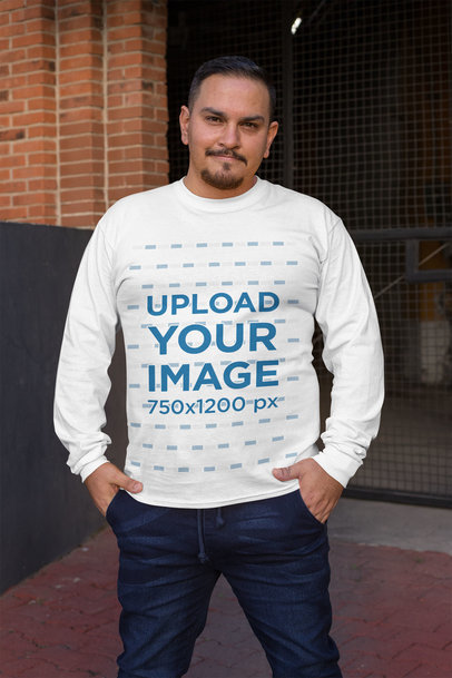 Mockup of a Smiling Man Wearing a Long Sleeve Tee 