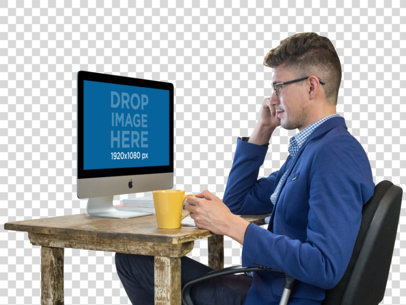 iMac Mockup Featuring a Working Man Wearing Glasses