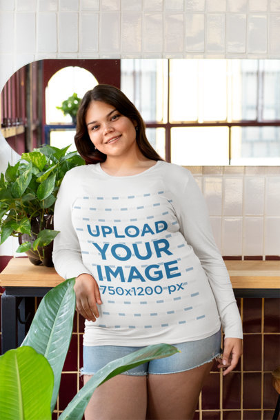 Plus Size Mockup of a Woman with a Long-Sleeve Tee and Shorts 