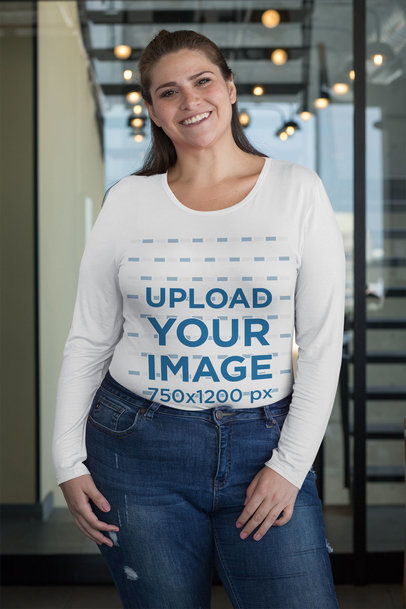Plus Size Long Sleeve Tee Mockup Featuring a Smiling Woman
