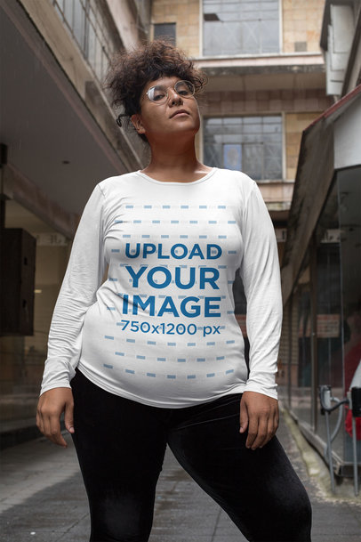 Plus Size Mockup Featuring a Curly-Haired Woman Wearing a Long Sleeve Tee 