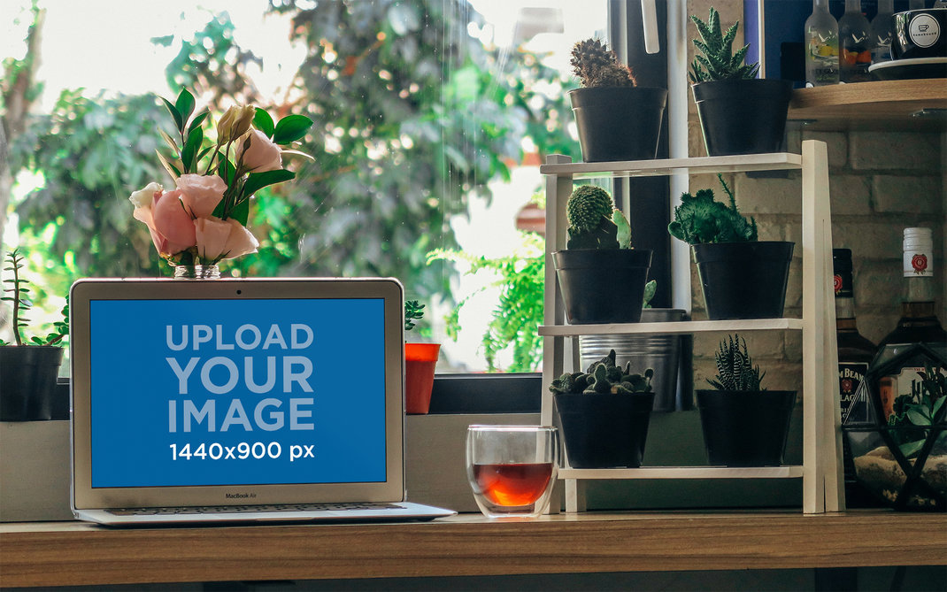 Mockup of a Macbook Air Next to Some Plant Pots 