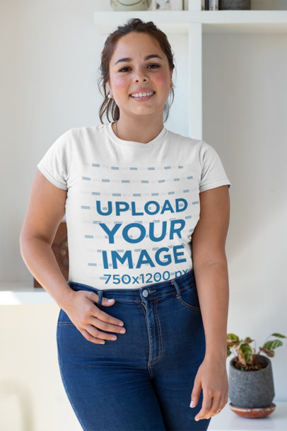 Plus Size T-Shirt Mockup Featuring a Smiling Woman