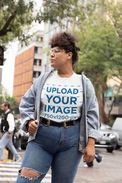 Mockup of a Curly-Haired Woman Wearing a Plus Size Tee
