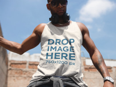 Men's Sleeveless Shirt Mockup of a Guy With Headphones