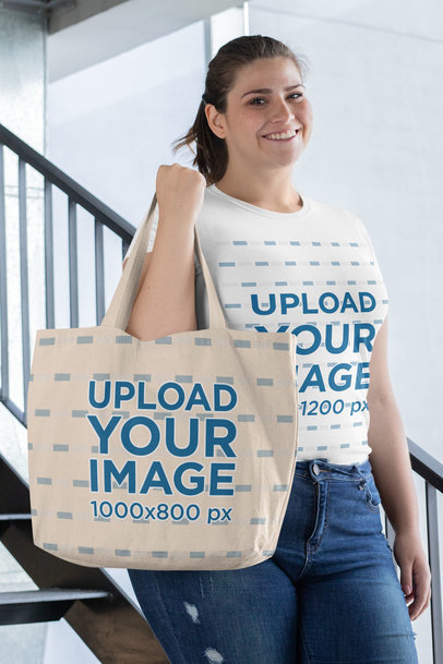 Plus Size T-Shirt Mockup Featuring a Woman with a Tote Bag