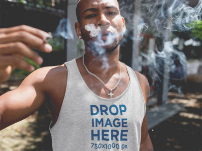 Men's Sleeveless Tee Mockup of a Guy Smoking in the Street