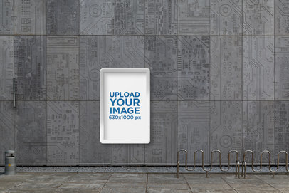 Poster Display Case Mockup Featuring a Futuristic-Looking Building