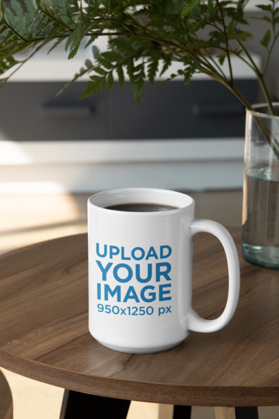Mockup of a 15 oz Coffee Mug Placed on a Wooden Table 