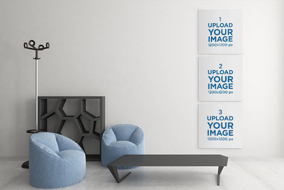 Mockup of Three Squared Canvas on the Wall of an Elegant Living Room