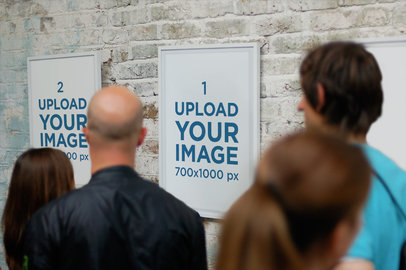 Mockup of a Crowd Contemplating an Art Print in a Gallery