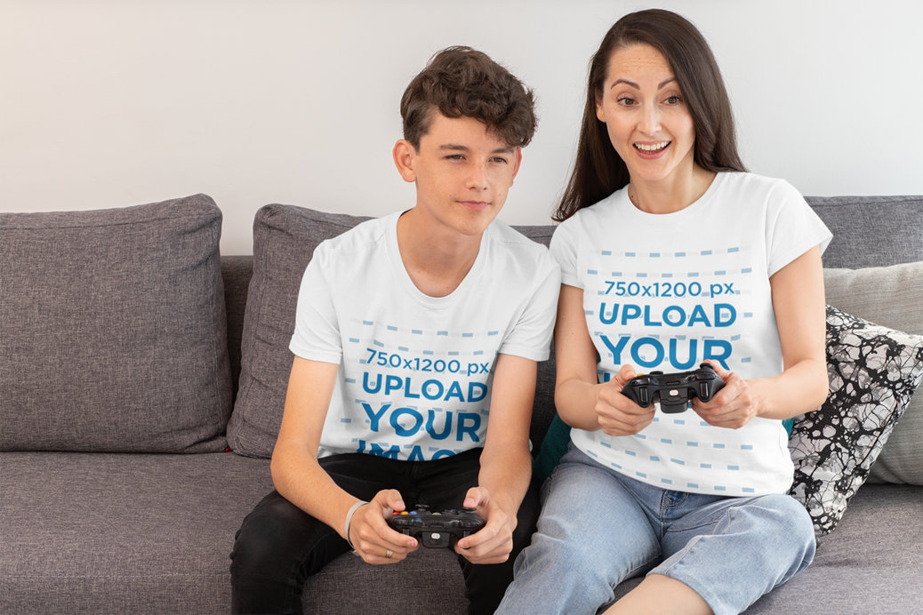 T-Shirt Mockup Featuring a Kid and His Mom Playing Video Games