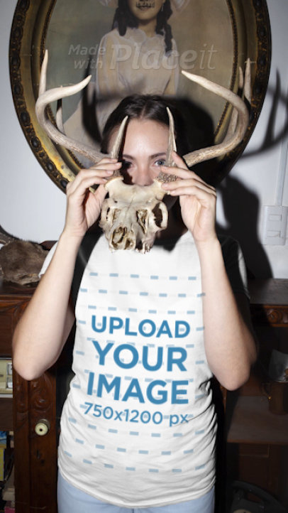 T-Shirt Video of a Woman Playing with an Animal Skull Replica 