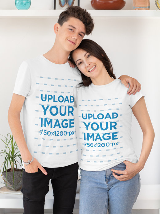 T-Shirt Mockup Featuring a Teenager Hugging His Mom
