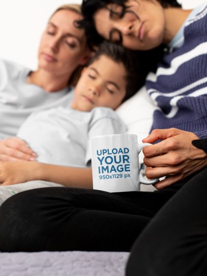 11 oz Coffee Mug Mockup of a Two-Mom Family and Their Son