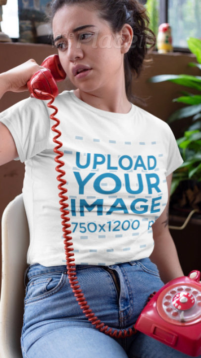 T-Shirt Video of a Woman Using a Vintage Red Phone 22465