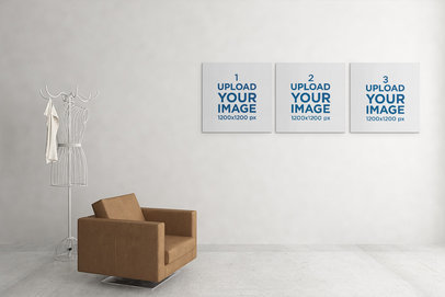Mockup of Three Squared Canvas on the Wall of a Minimalistic Room