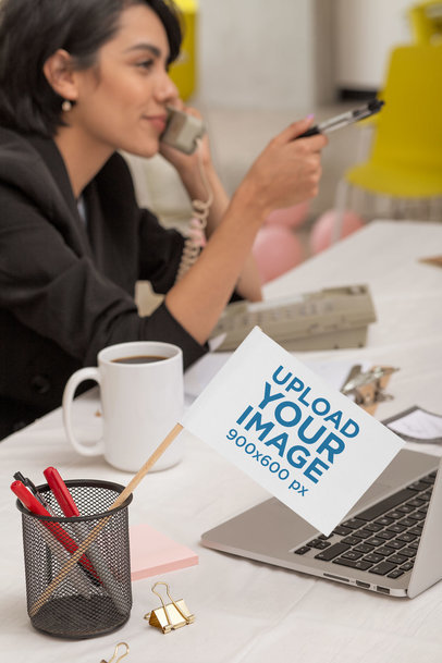 Flag Mockup Featuring a Woman at a Presidential Campaign Call Center