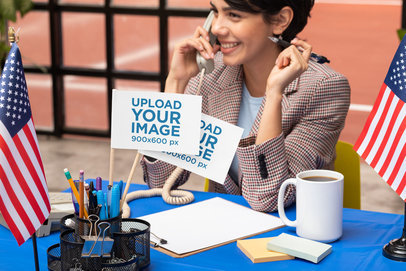 Flag Mockup Featuring a Woman at a Polling Station 