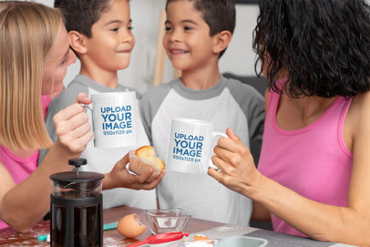 11 oz Coffee Mug Mockup of a Two-Mom Family with Their Sons