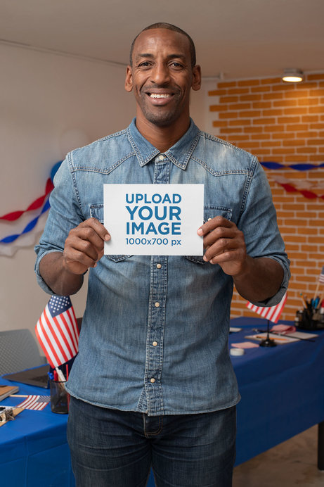Horizontal Flyer Mockup Featuring a Man at a Voting Registration Booth