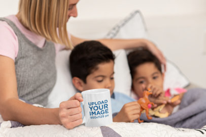 11 oz Coffee Mug Mockup Featuring a Single Mom with Her Kids