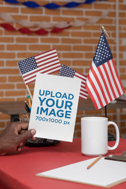 Mockup of a Man Holding an A5 Flyer at a Polling Station 