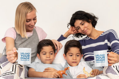 11 oz Mug Mockup of Two Moms with Twin Boys