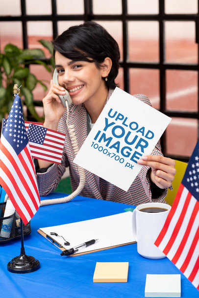 A5 Flyer Mockup Featuring a Woman at an Election Call Center