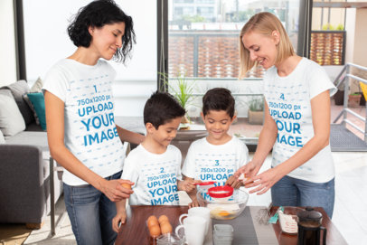 T-Shirt Mockup Featuring Two Moms and Their Twin Boys Baking 