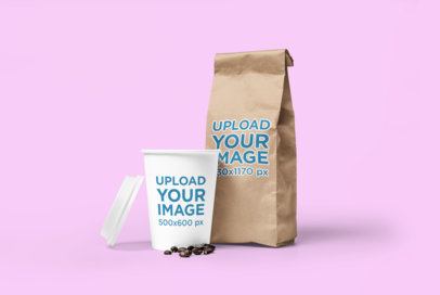 Coffee Cup Mockup Featuring a Coffee Bag and a Customizable Background