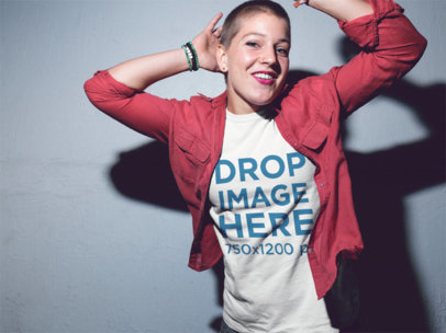 Mockup of a Trendy Girl Wearing a Tee and a Red Jacket Jumping 11806a