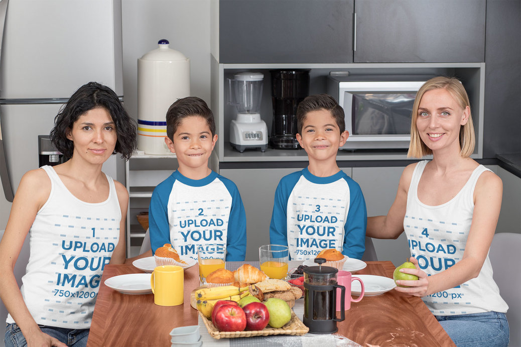 Tank Top Mockup of a Two-Mom Family with Twins Wearing Raglan Tees 