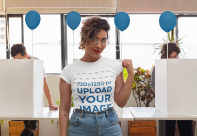 Mockup of a Woman Wearing a T-Shirt with a Political Slogan at a Polling Place