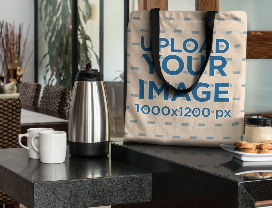 Canvas Tote Bag Mockup in a Modern Kitchen at Breakfast