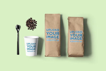 Mockup of a Coffee Cup Next to Two Coffee Bags