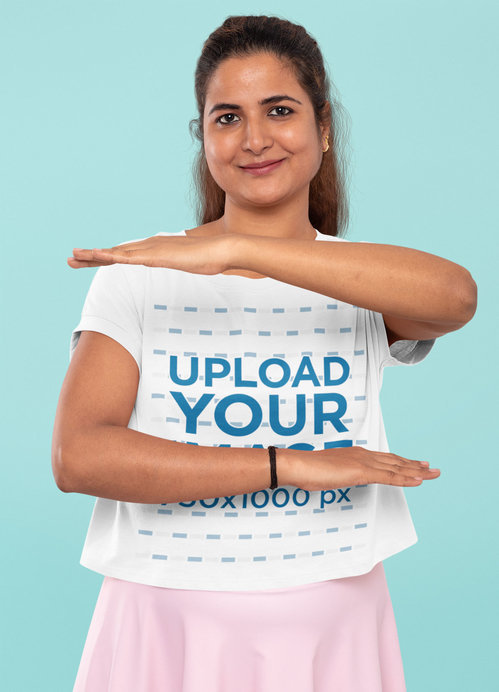 Crop Top Mockup Featuring a Woman Doing an Equality Symbol with Her Arms