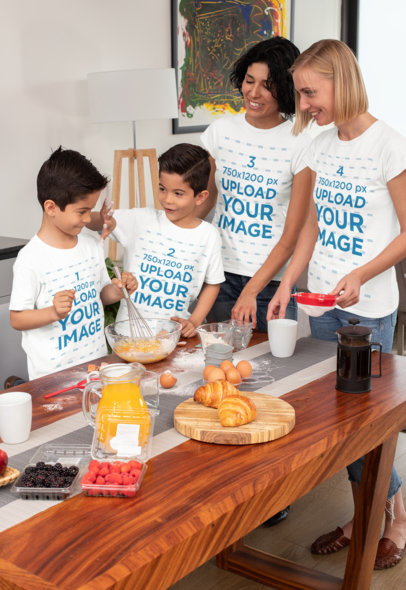 T-Shirt Mockup of Two Moms and Their Sons Having Fun While Baking 